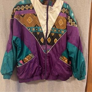 Vibrant Geometric Bomber Jacket - Purple, Teal, Gold Rave Wear Festival